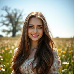 A stunning portrait of a young woman with long flowing brunette hair and striking green eyes