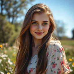 A stunning portrait of a young woman with long flowing brunette hair and striking green eyes