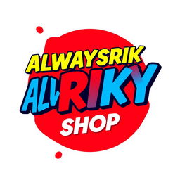 A vibrant and eye-catching logo design for "ALWAYSRIKY SHOP" featuring bold, stylized text in a modern font