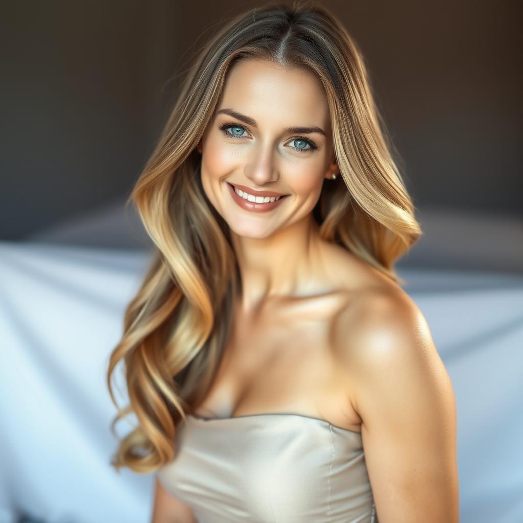 A portrait of a beautiful woman with long flowing hair, sparkling blue eyes, and a warm smile