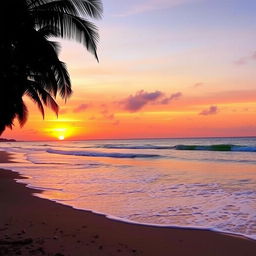 A scenic landscape featuring a vibrant sunset over a tranquil beach, with gentle waves rolling onto the shore