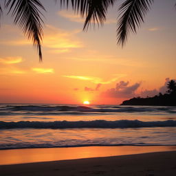 A scenic landscape featuring a vibrant sunset over a tranquil beach, with gentle waves rolling onto the shore