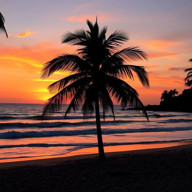 A scenic landscape featuring a vibrant sunset over a tranquil beach, with gentle waves rolling onto the shore