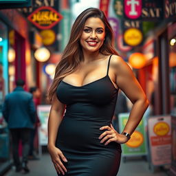 A voluptuous woman with big breasts wearing a stylish, form-fitting dress that highlights her curves