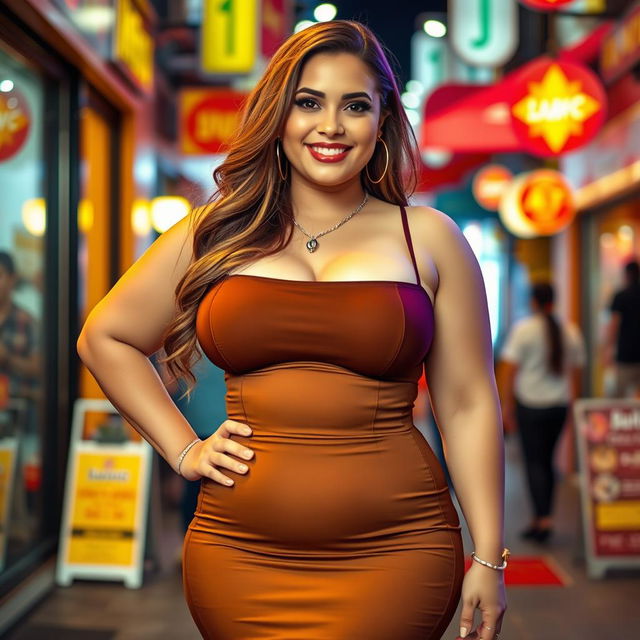 A voluptuous woman with big breasts wearing a stylish, form-fitting dress that highlights her curves