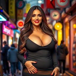 A voluptuous woman with big breasts wearing a stylish, form-fitting dress that highlights her curves
