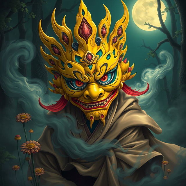 A mesmerizing depiction of a Yokai adorned with an elaborate yellow mask, showcasing striking features and intricate designs that blend traditional Japanese folklore with a modern twist