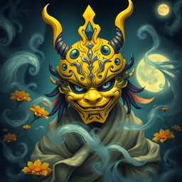 A mesmerizing depiction of a Yokai adorned with an elaborate yellow mask, showcasing striking features and intricate designs that blend traditional Japanese folklore with a modern twist