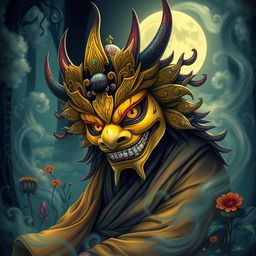 A mesmerizing depiction of a Yokai adorned with an elaborate yellow mask, showcasing striking features and intricate designs that blend traditional Japanese folklore with a modern twist