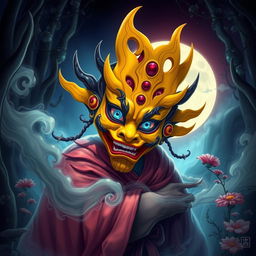 A mesmerizing depiction of a Yokai adorned with an elaborate yellow mask, showcasing striking features and intricate designs that blend traditional Japanese folklore with a modern twist