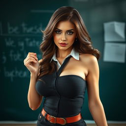 A stunning 25-year-old woman styled as a sexy teacher, featuring excessively large breasts