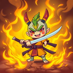 A charming and playful depiction of a cute Yokai wielding a katana, showcasing a vibrant and spirited character design with a mischievous smile and colorful features