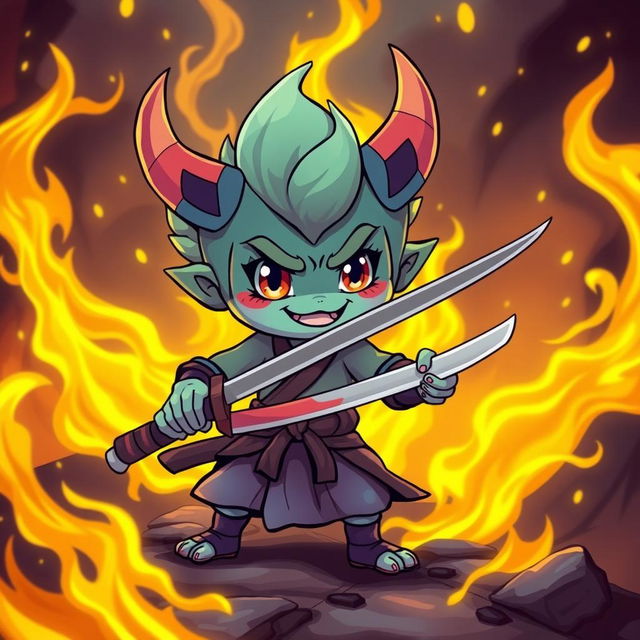 A charming and playful depiction of a cute Yokai wielding a katana, showcasing a vibrant and spirited character design with a mischievous smile and colorful features