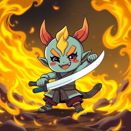 A charming and playful depiction of a cute Yokai wielding a katana, showcasing a vibrant and spirited character design with a mischievous smile and colorful features
