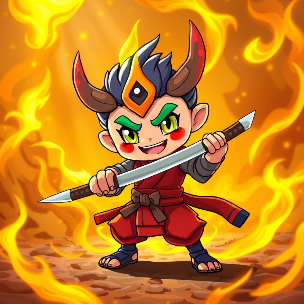 A charming and playful depiction of a cute Yokai wielding a katana, showcasing a vibrant and spirited character design with a mischievous smile and colorful features