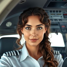A female airline pilot with long, curly brown hair and slender, almond-shaped brown eyes