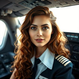 A female airline pilot with long, curly brown hair and slender, almond-shaped brown eyes