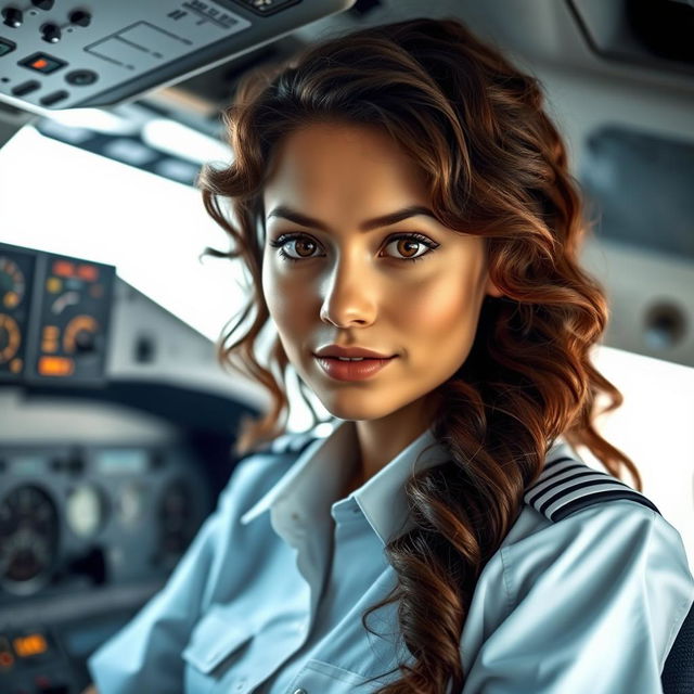 A female airline pilot with long, curly brown hair and slender, almond-shaped brown eyes