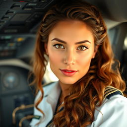 A female airline pilot with long, curly brown hair and slender, almond-shaped brown eyes