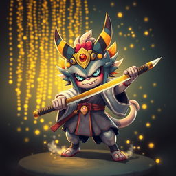 A striking depiction of a captivating Yokai wielding a katana, characterized by an adorable yet fierce expression