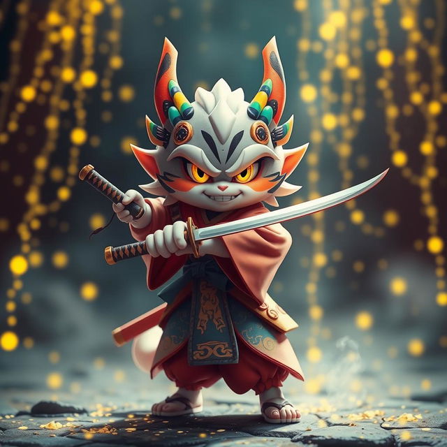 A striking depiction of a captivating Yokai wielding a katana, characterized by an adorable yet fierce expression