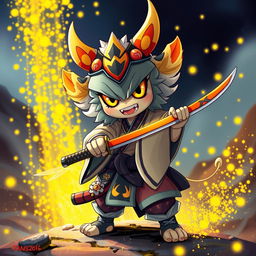 A striking depiction of a captivating Yokai wielding a katana, characterized by an adorable yet fierce expression