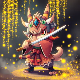 A striking depiction of a captivating Yokai wielding a katana, characterized by an adorable yet fierce expression