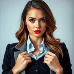 A beautiful 25-year-old woman styled as an attractive teacher, with a provocative expression