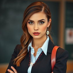 A beautiful 25-year-old woman styled as a teacher, featuring a provocative expression