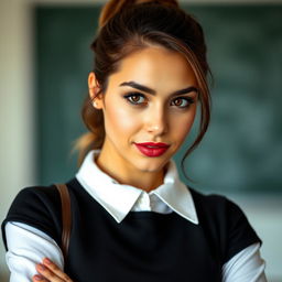 A beautiful 25-year-old woman styled as a teacher, featuring a provocative expression