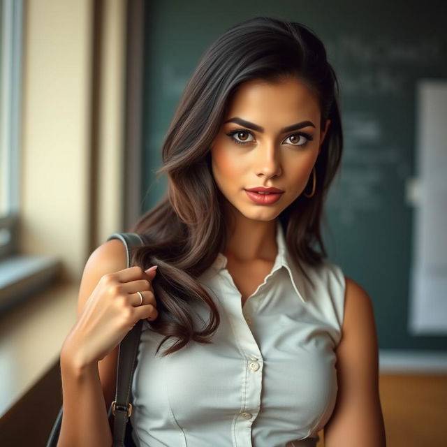 A beautiful 25-year-old woman styled as a teacher, featuring a provocative expression