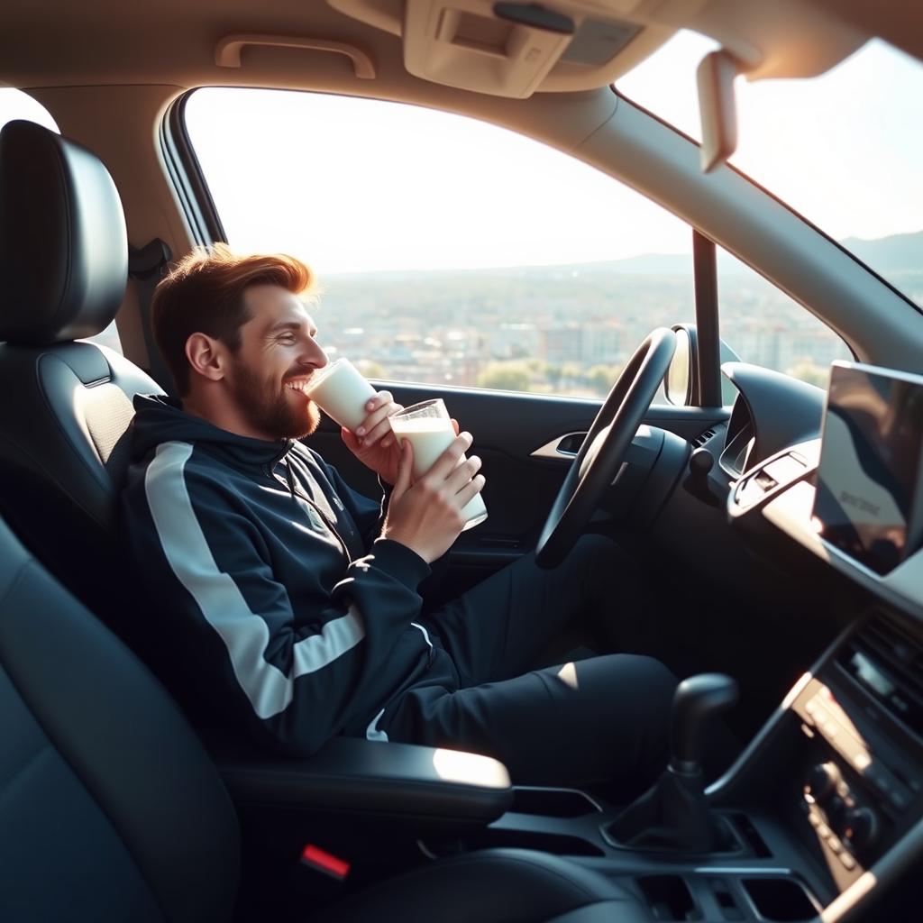 Lionel Messi, the famous soccer player, casually drinking a glass of milk while sitting inside a sleek 206 Peugeot car