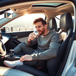Lionel Messi, the famous soccer player, casually drinking a glass of milk while sitting inside a sleek 206 Peugeot car