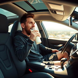Lionel Messi, the famous soccer player, casually drinking a glass of milk while sitting inside a sleek 206 Peugeot car