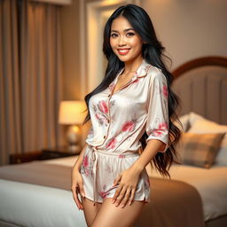 A 25-year-old Indonesian woman wearing a sexy pajama that accentuates her curves and highlights her large breasts