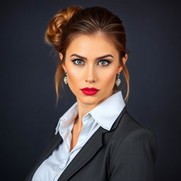 A beautiful 25-year-old woman styled as a teacher, with a provocative expression that draws attention