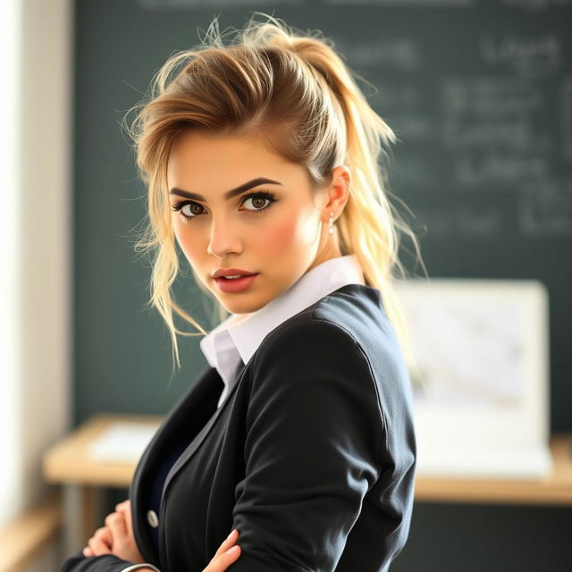 A beautiful 25-year-old woman styled as a teacher, with a provocative expression that draws attention