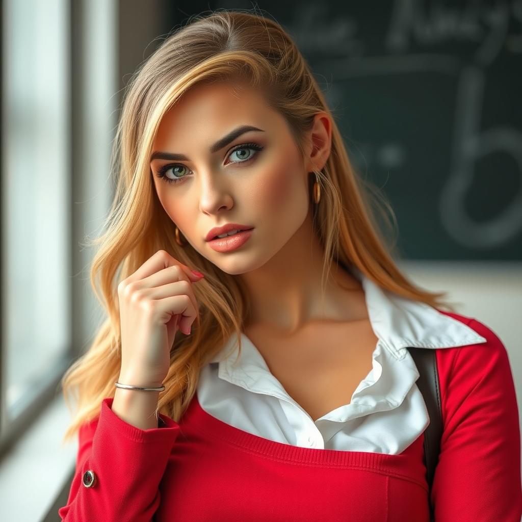 A beautiful 25-year-old woman styled as a teacher, with a provocative expression that draws attention