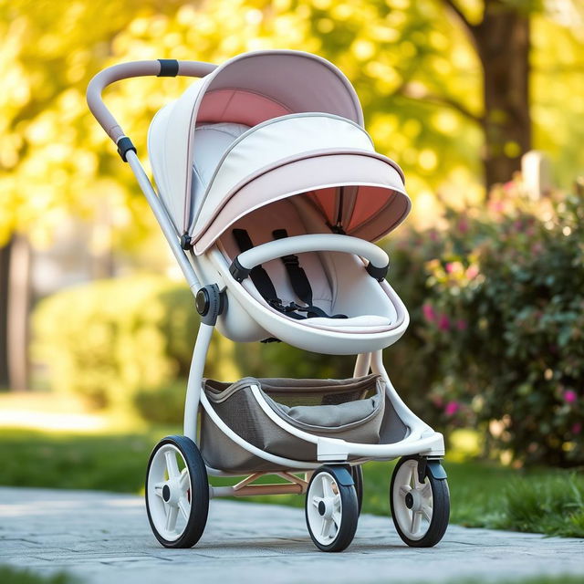 A charming circular baby stroller with curved handles, designed for comfort and style