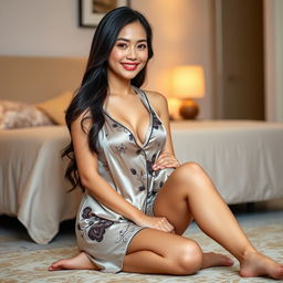 A 25-year-old Indonesian woman wearing a sexy pajama that accentuates her curves and highlights her large breasts, sitting on the floor with her legs crossed