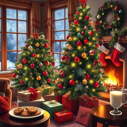 A festive Christmas scene featuring a beautifully decorated Christmas tree adorned with colorful ornaments and twinkling lights