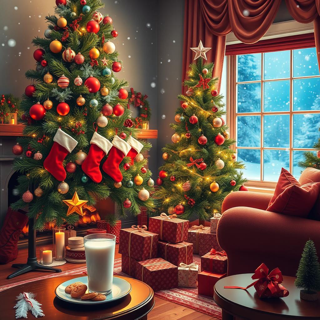 A festive Christmas scene featuring a beautifully decorated Christmas tree adorned with colorful ornaments and twinkling lights