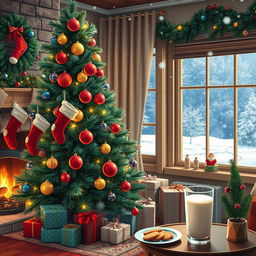 A festive Christmas scene featuring a beautifully decorated Christmas tree adorned with colorful ornaments and twinkling lights