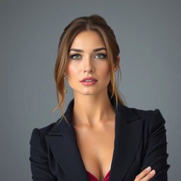 A beautiful 25-year-old woman styled as a teacher, with a seductive and inviting expression