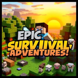 A vibrant and eye-catching YouTube thumbnail for a Minecraft Survival series featuring a detailed blocky landscape with lush green trees, a colorful sunset in the background, and a player character in a classic Steve skin holding a diamond sword