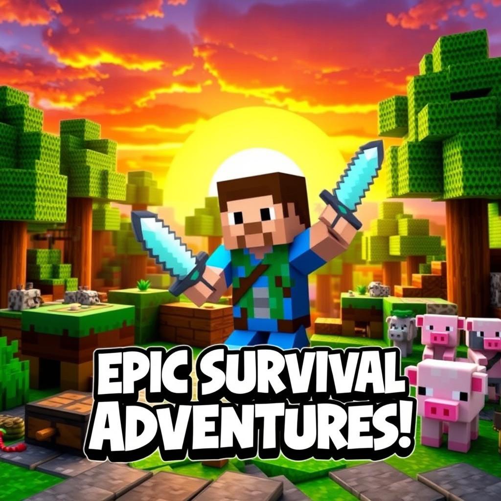A vibrant and eye-catching YouTube thumbnail for a Minecraft Survival series featuring a detailed blocky landscape with lush green trees, a colorful sunset in the background, and a player character in a classic Steve skin holding a diamond sword