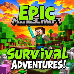 A vibrant and eye-catching YouTube thumbnail for a Minecraft Survival series featuring a detailed blocky landscape with lush green trees, a colorful sunset in the background, and a player character in a classic Steve skin holding a diamond sword