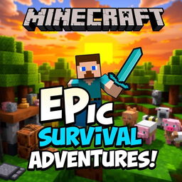 A vibrant and eye-catching YouTube thumbnail for a Minecraft Survival series featuring a detailed blocky landscape with lush green trees, a colorful sunset in the background, and a player character in a classic Steve skin holding a diamond sword