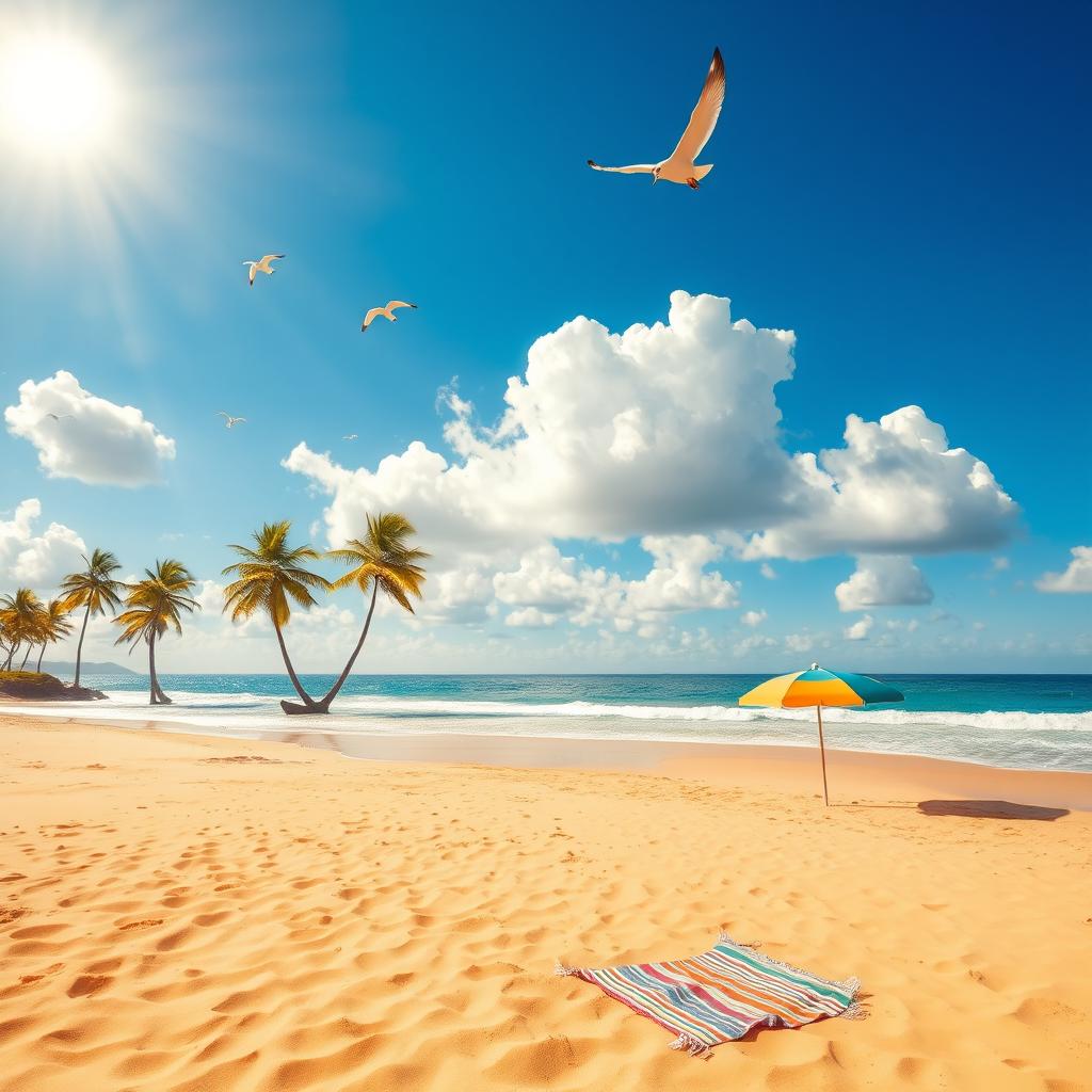 A scenic beach landscape, featuring golden sands, gentle waves lapping at the shore, a vibrant blue sky dotted with fluffy white clouds, and lush palm trees swaying in the breeze