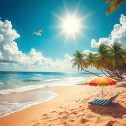 A scenic beach landscape, featuring golden sands, gentle waves lapping at the shore, a vibrant blue sky dotted with fluffy white clouds, and lush palm trees swaying in the breeze